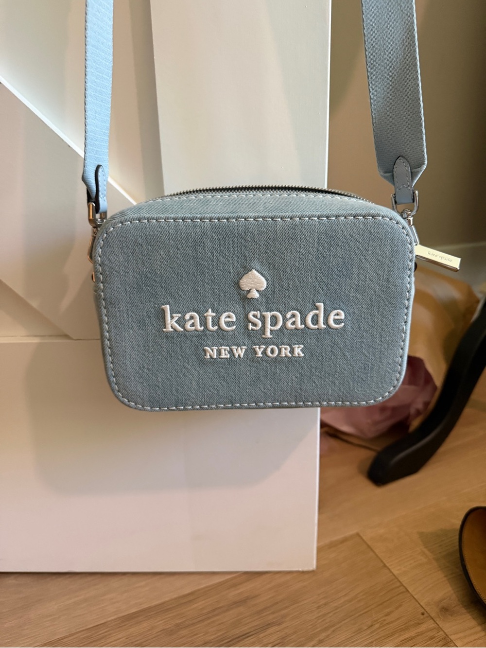 kate spade Light Blue Crossbody Camera Bag with White Logo